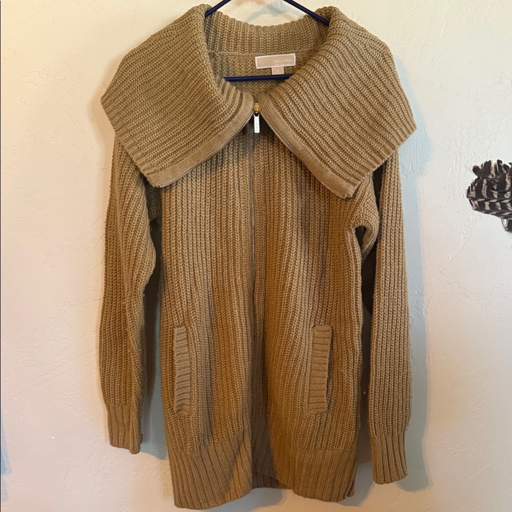 Michael Kors Tan Ribbed Cardigan with Wide Collar